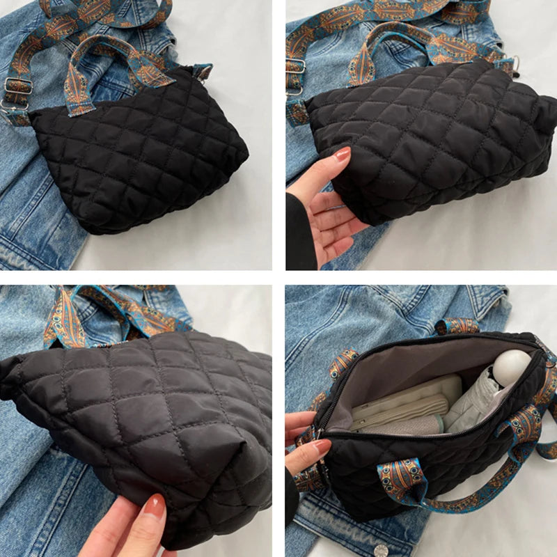 Sac à main à large ceinture pour femmes, automne/hiver, espace losange, sac à bandoulière en coton, grande capacité, fourre-tout de Shopping assorti