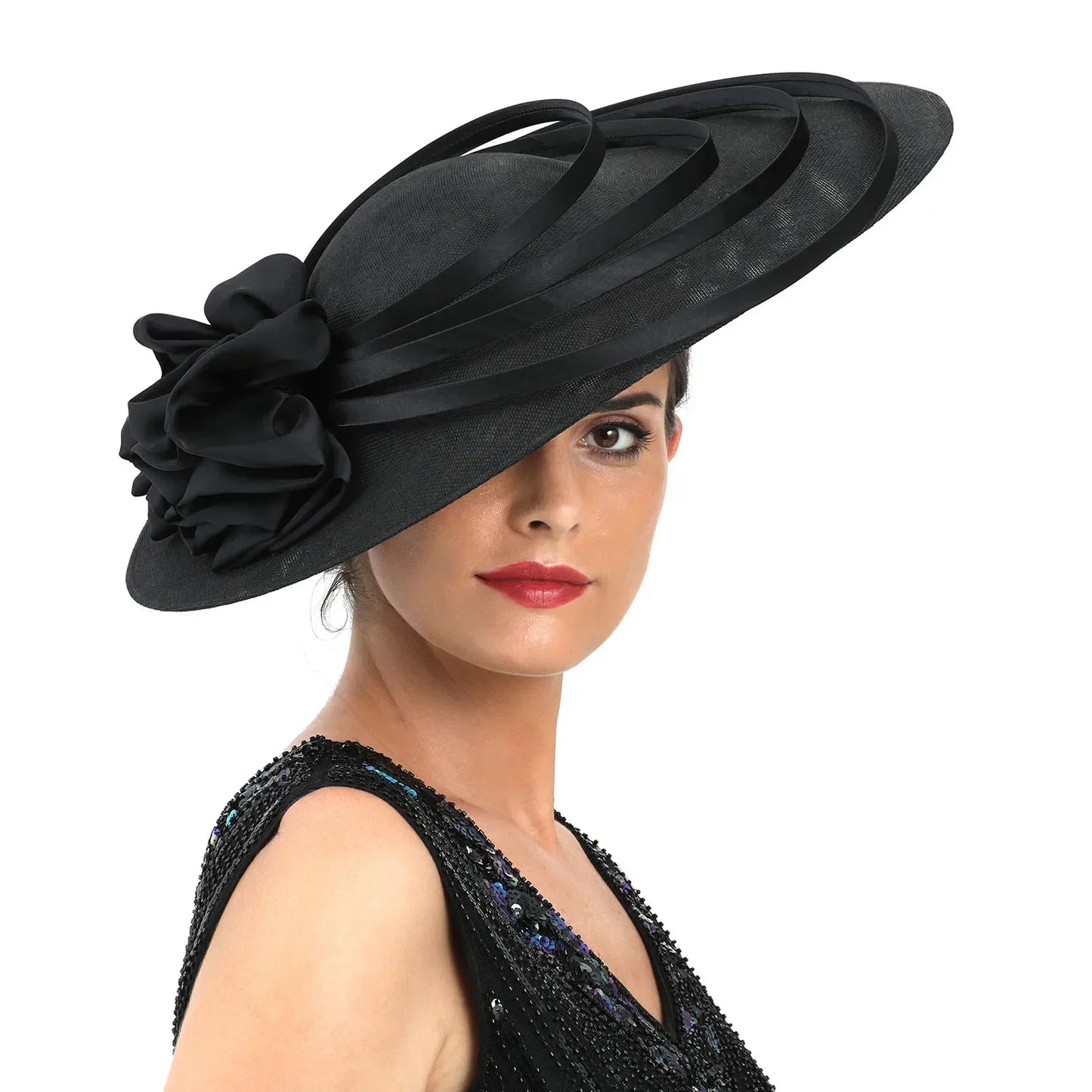 Noir grand Chapeau fascinateur femmes Royal Ascot casque fleur mode Chapeau Casquette pour église Kentucky Derby Chapeau Casquette bandeau