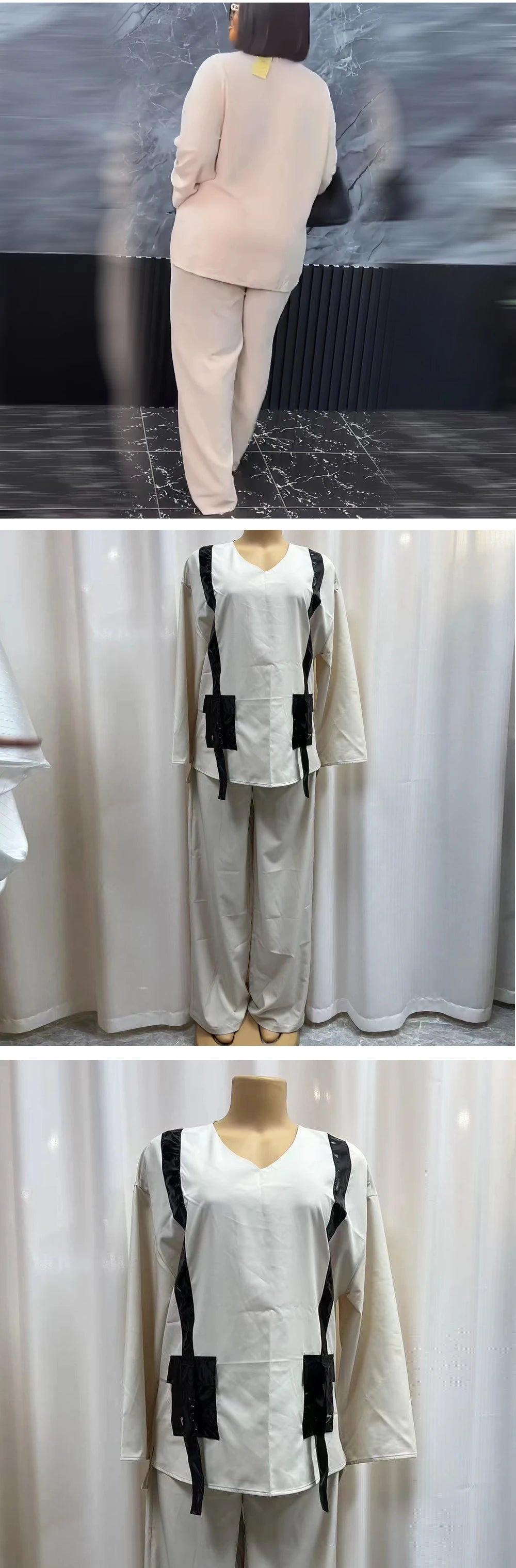 Ensemble deux pièces africain pour femme, pantalon long, ample, noir, poche, col en V, manches longues, grande taille, costume de vacances, sexe, nouveau, 2024