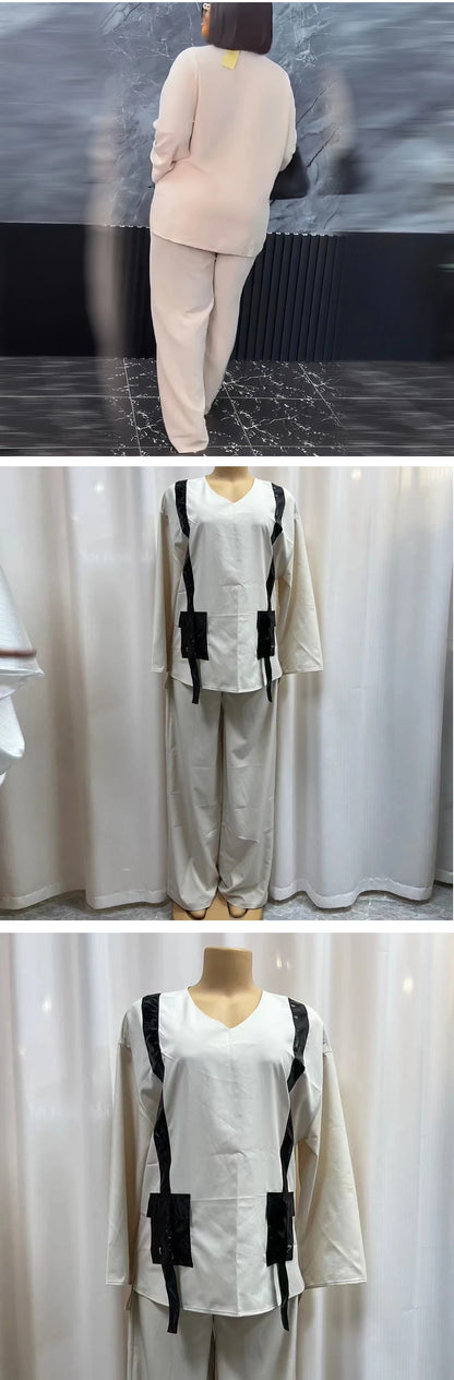 Ensemble deux pièces africain pour femme, pantalon long, ample, noir, poche, col en V, manches longues, grande taille, costume de vacances, sexe, nouveau, 2024