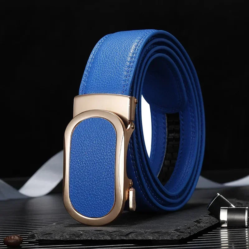 Ceinture bleue pour hommes et femmes, ceintures à boucle automatique, ceinture féminine Cinturon décontractée à la mode, vert blanc noir rouge disponible