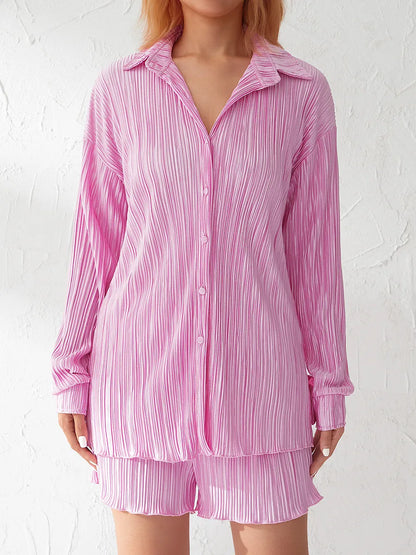 Ensemble de vêtements décontractés pour femmes, chemise froncée à manches longues, boutonnée et short, 2 pièces