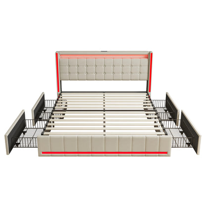 Lit capitonné 140/160x200 cm, tête de lit avec éclairage LED et fonction de chargement USB, lit double avec 4 tiroirs, lit fonctionnel