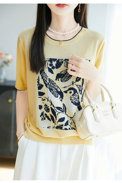 2025 été nouveau 100% Lyocell femmes à manches courtes décontracté col rond jacquard dessin animé T-shirt lâche hauts en tricot pull t-shirts cool