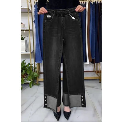 Jean femme d'âge moyen printemps automne taille extensible pantalon en Denim droit grande taille ample taille haute décontractée noir bleu pantalon