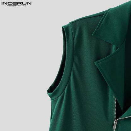 INCERUN hauts sans manche t-shirt été hommes débardeurs couleur unie fermeture éclair revers gilets hommes hauts surdimensionné vêtements pour hommes Streetwear