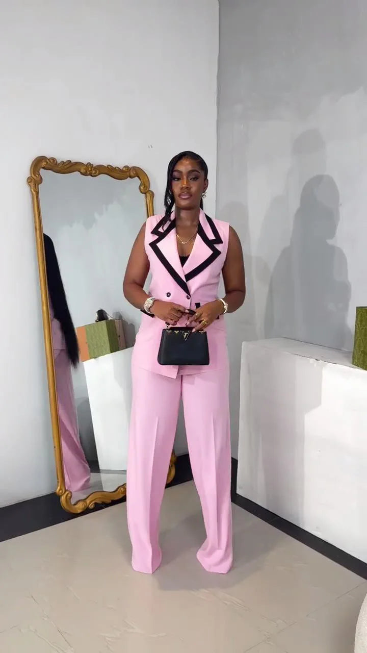 BS -  mode femmes ensemble rayé Patchwork sans manches débardeur Blazer haut et pantalon à jambes larges costume 2025 deux 2 pièces ensembles tenues