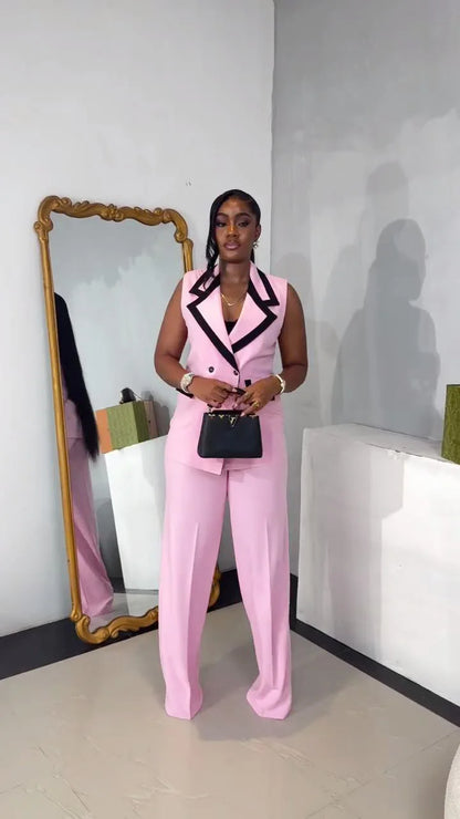 BS -  mode femmes ensemble rayé Patchwork sans manches débardeur Blazer haut et pantalon à jambes larges costume 2025 deux 2 pièces ensembles tenues