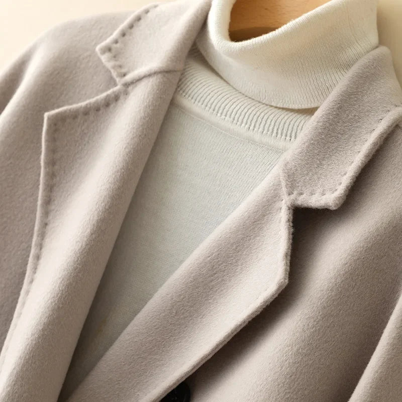 Manteau en laine Double face pour femme, épais, mi-long, col de costume, coupe ample, couleur Pure, polyvalent, nouveau Style automne hiver