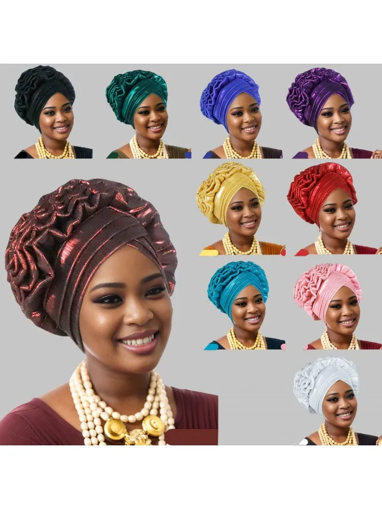 Turban Plissé à Paillettes pour Femme, Cravate de Sauna, Enveloppe la Tête, ixde Mariage Africaine Nigériane