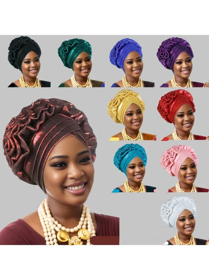 Turban Plissé à Paillettes pour Femme, Cravate de Sauna, Enveloppe la Tête, ixde Mariage Africaine Nigériane