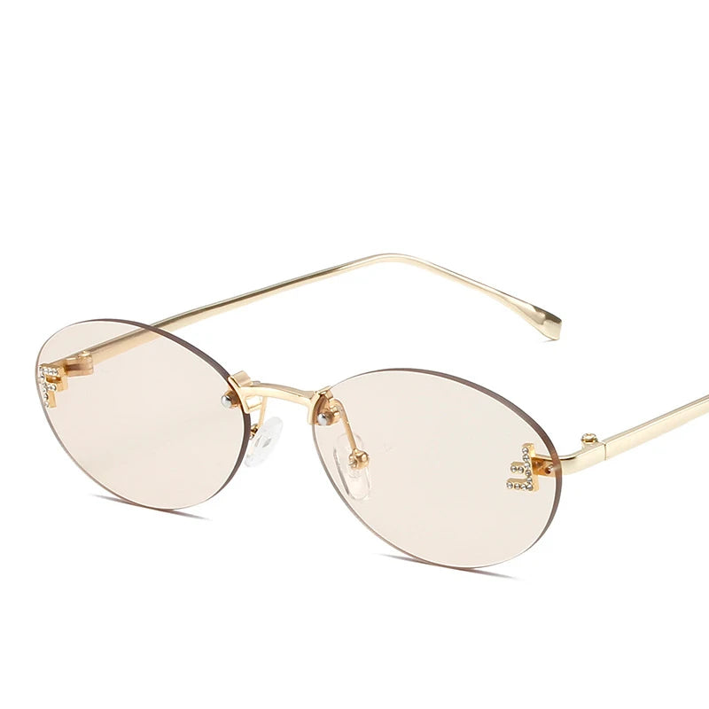 Lunettes de soleil noires sans bords avec petite lettre ovale en diamant «F» pour femmes, marque de luxe, monture métallique, lunettes de soleil Unsiex, nuances élégantes UV400