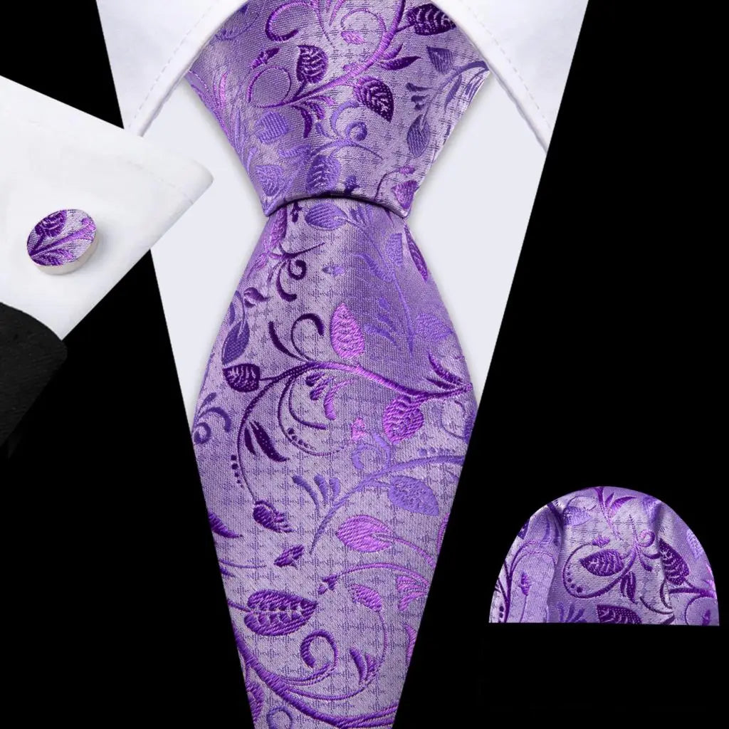Barry.Wang violet lilas lavande soie hommes cravate mouchoir bouton de manchette ensemble Jacquard cravate florale pour homme mariage fête d'affaires