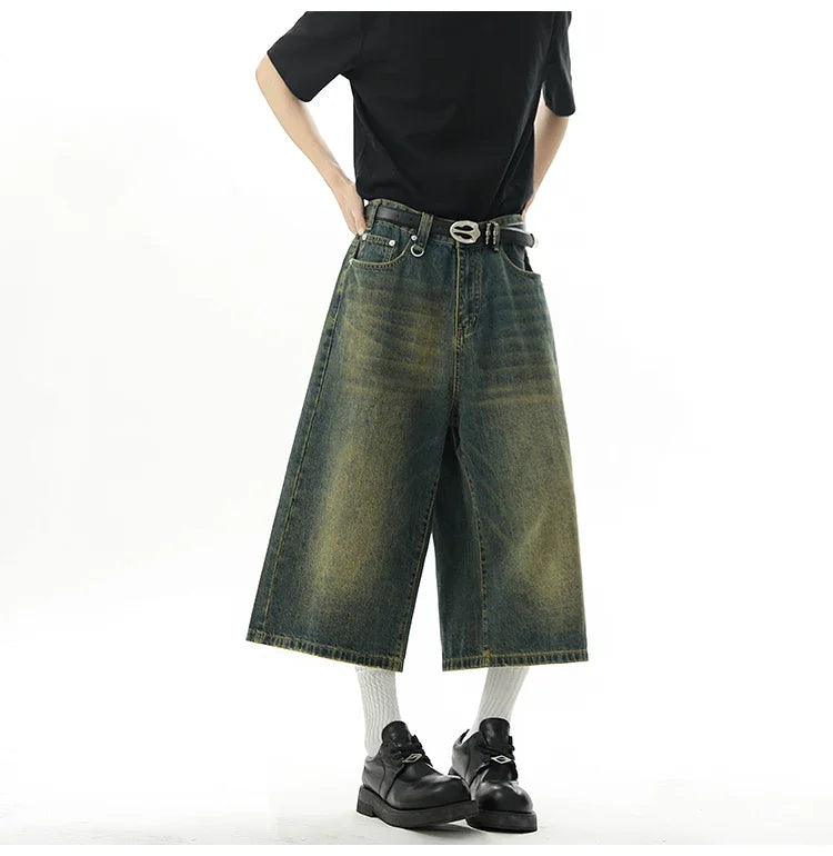 Short en Denim Baggy pour hommes, mode rétro décontractée, ample, jambes larges, longueur mollet, Streetwear Y2K, Style coréen