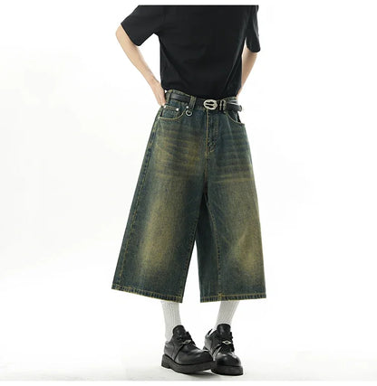 Short en Denim Baggy pour hommes, mode rétro décontractée, ample, jambes larges, longueur mollet, Streetwear Y2K, Style coréen