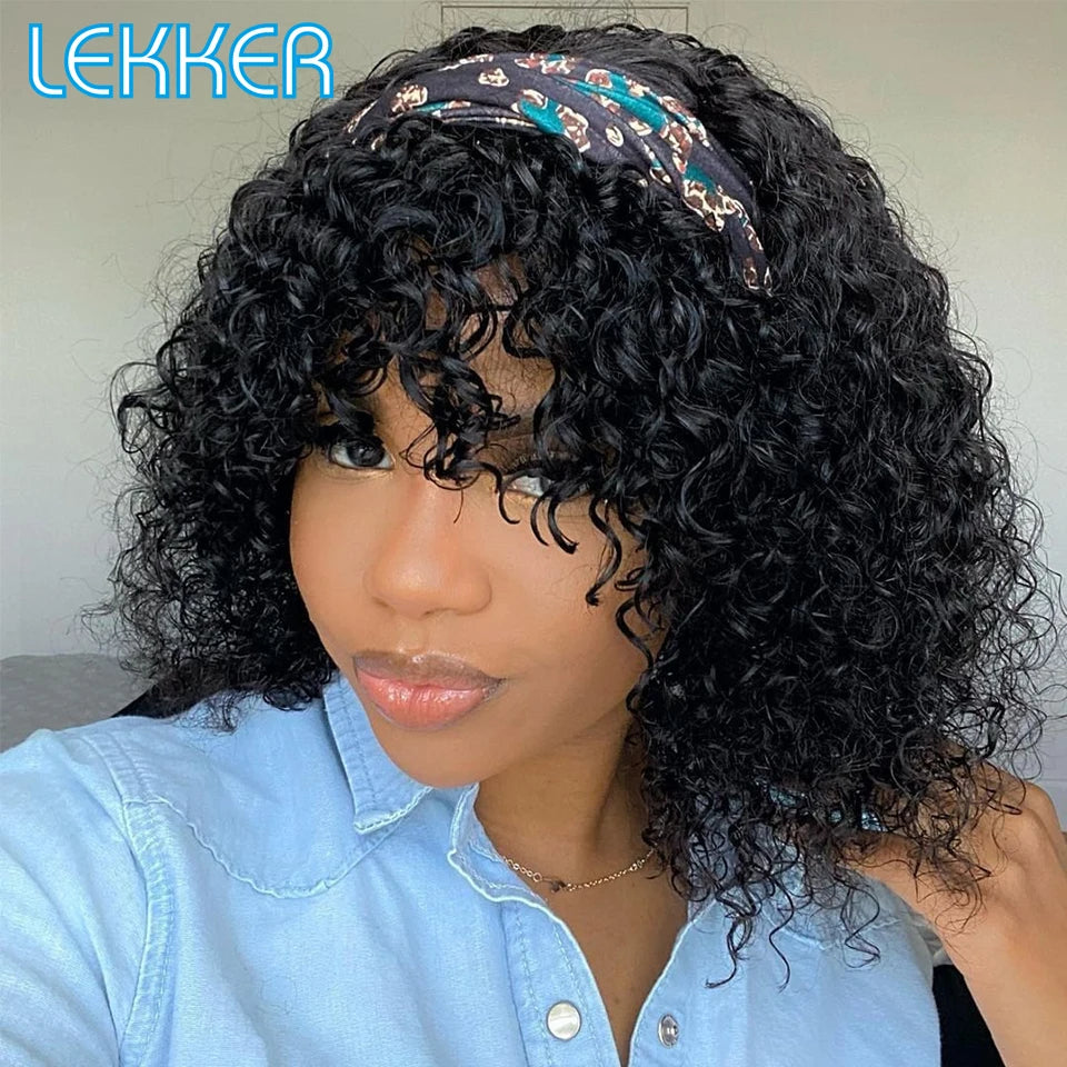 Lekker couleur courte Pixie Afro crépus bouclés Bob 100% perruques de cheveux humains avec frange pour les femmes brésilien Remy cheveux Ombre brun perruques
