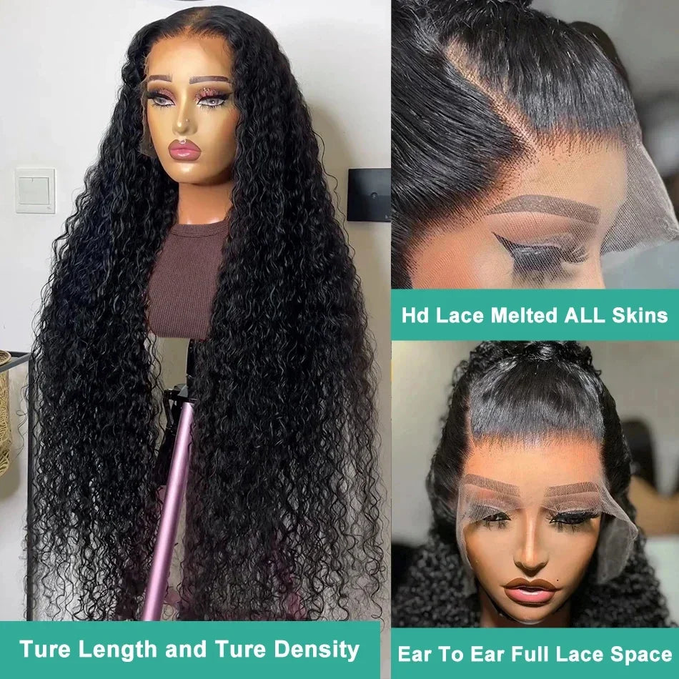 Perruque Lace Front Wig Naturelle Bouclée, Cheveux Humains, Deep Wave, 13x4 HD, 13x6, 30 32 Pouces, Pre-Plucked, pour Femme