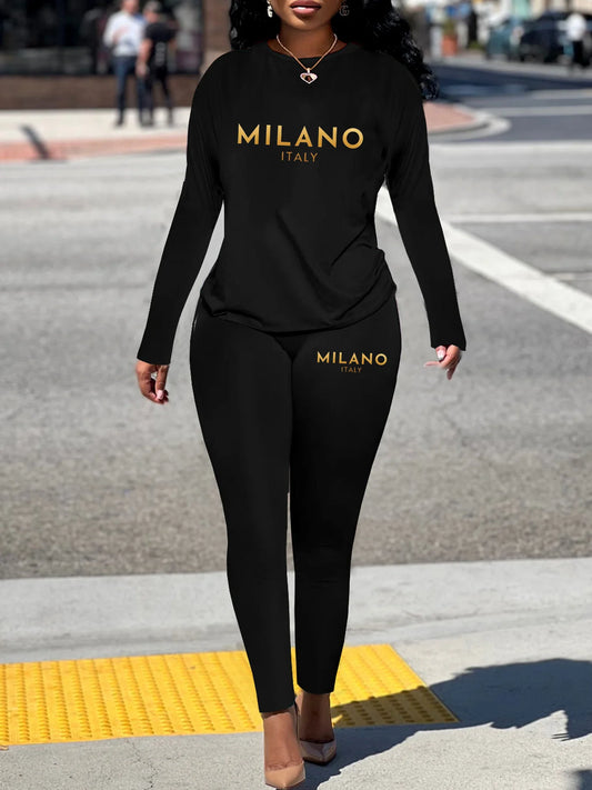 Ensemble de tenue de sport pour femmes, T-shirt à manches longues imprimé MILANO grande taille et pantalon confortable extensible moyen, tenue de Fitness
