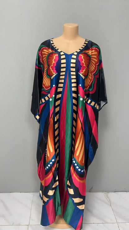 Robe confortable grande taille pour femmes, imprimé Floral, taille ample, jupe longue, manches chauve-souris, col en V, longueur cheville, mode élégante