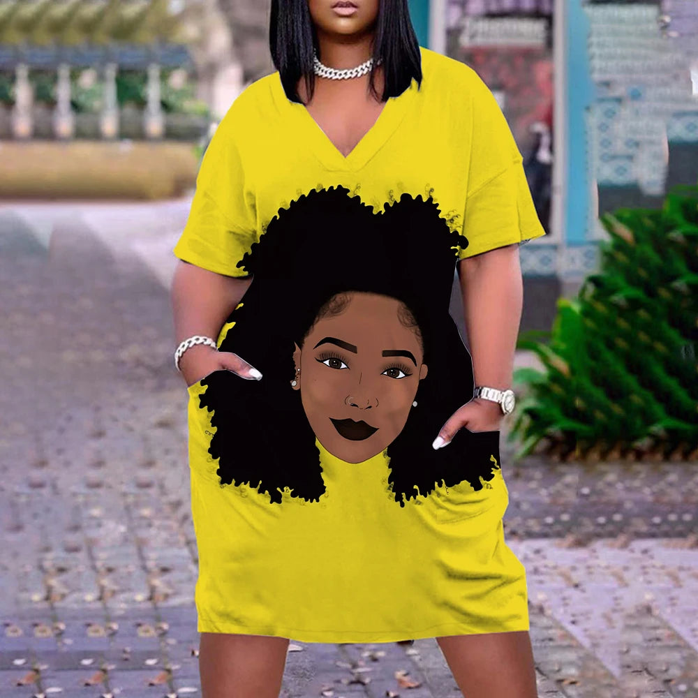 Robe d'été imprimée portrait 3D pour femmes, mode bohème, manches courtes, midi, col en v, vêtements de plage, vintage