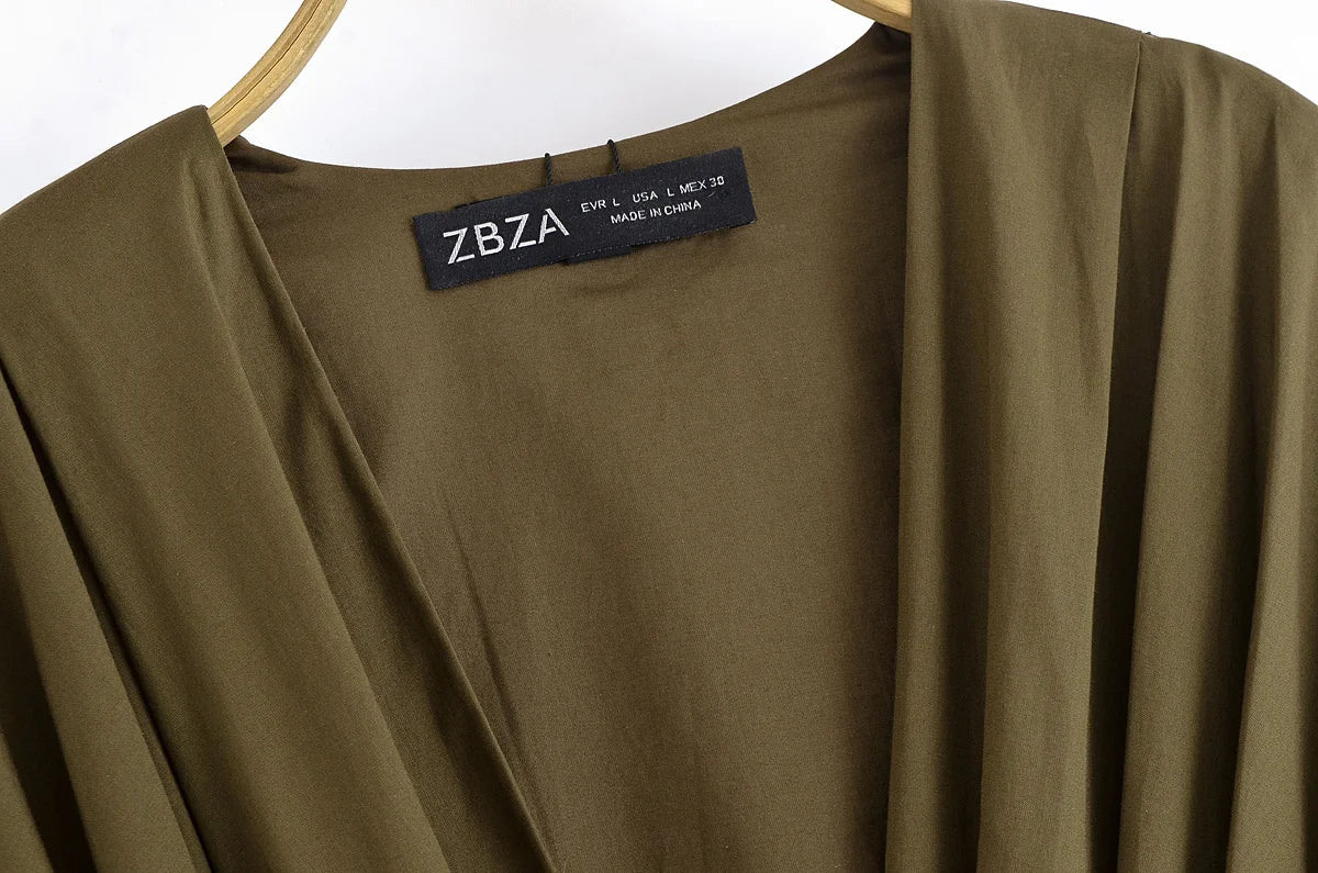 TRAFZA femmes mode d'été col en v à lacets Midi robe à manches courtes femme élégante dos nu plissé Sexy taille longue robe