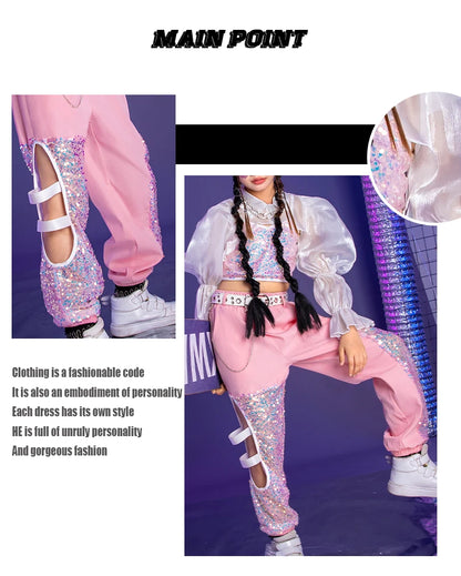 K-PoP-Ensemble de olympiques de danse jazz pour enfants, vêtements à paillettes, défilé de mode pour filles, tenues pour enfants, hip hop, hip hop