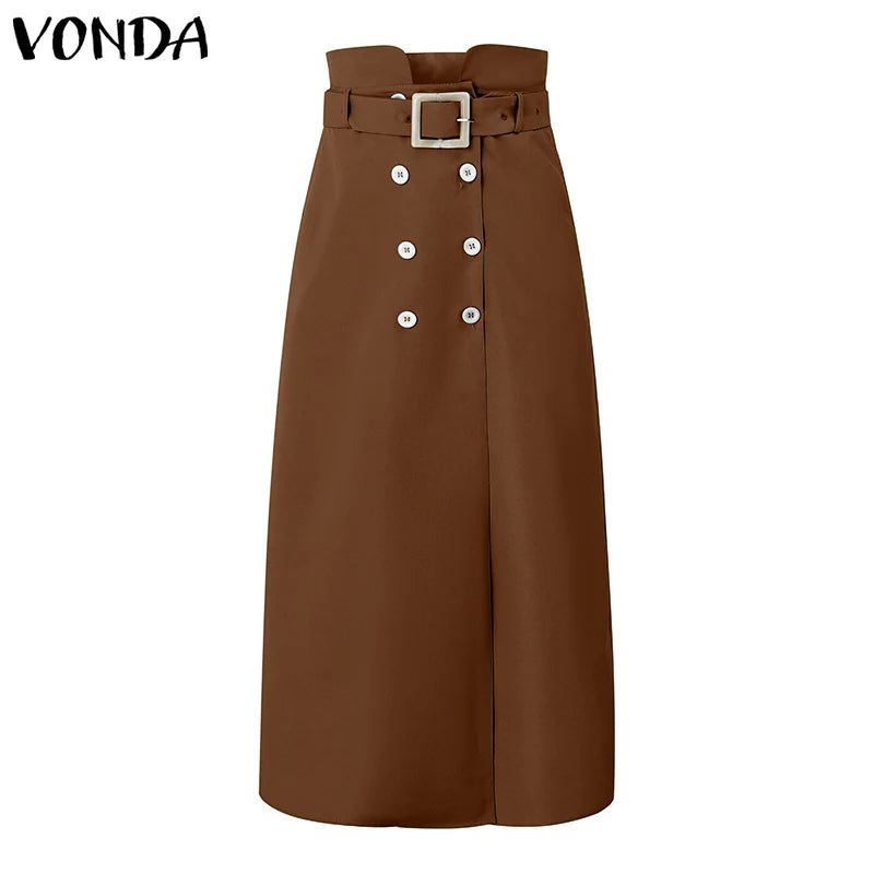 VONDA femmes jupes 2025 décontracté ceinture bouton conception fente longues jupes élégant couleur unie bureau dame bas surdimensionné