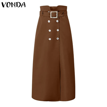 VONDA femmes jupes 2025 décontracté ceinture bouton conception fente longues jupes élégant couleur unie bureau dame bas surdimensionné