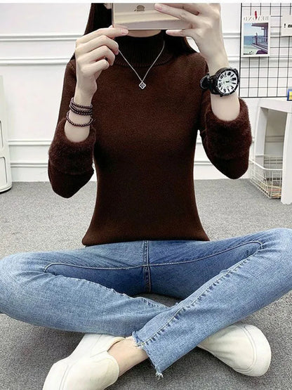 Pull Slim à Demi-Col Roulé pour Femme, Tricot Doublé de Velours, Chaud, Épais, en Jersey Doux, Collection Hiver