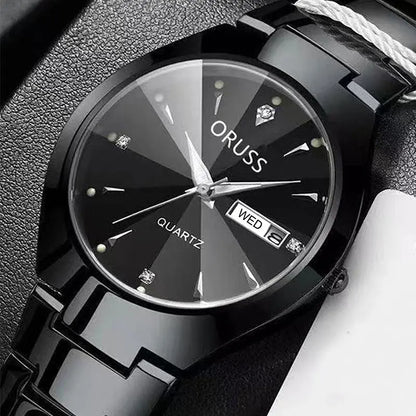 ORUSS-Montre de couple étanche pour hommes et femmes, quartz, acier inoxydable, date, semaine, horloge, cadeau pour amoureux, mode décontractée