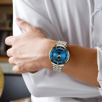 2024 nouveaux hommes montre en acier inoxydable Style d'affaires de luxe strass 43mm bleu or Quartz mouvement montre-bracelet Relogios Masculino