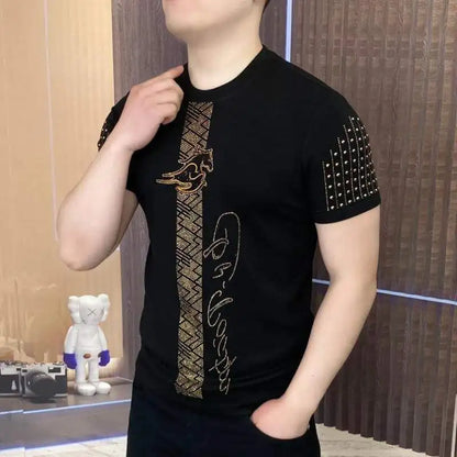 Luxe strass T-shirt à manches courtes pour hommes été col rond coupe ajustée décontracté T-shirt Social Streetwear T-shirt hauts M-5XL