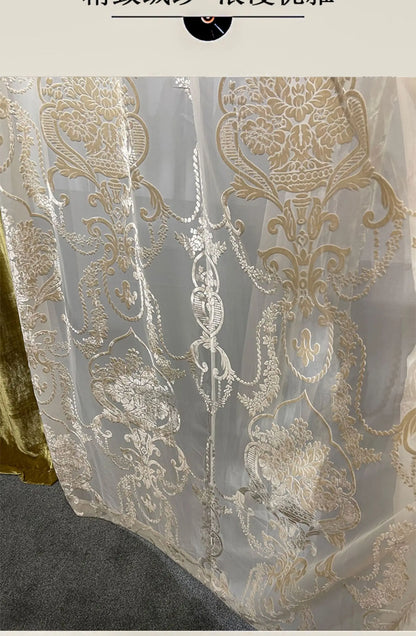 Rideaux occultants de luxe en feuille de velours de soie, estampage doré, pour salon, chambre à coucher, salle à manger, Nature, taille verticale personnalisée, Tulle blanc