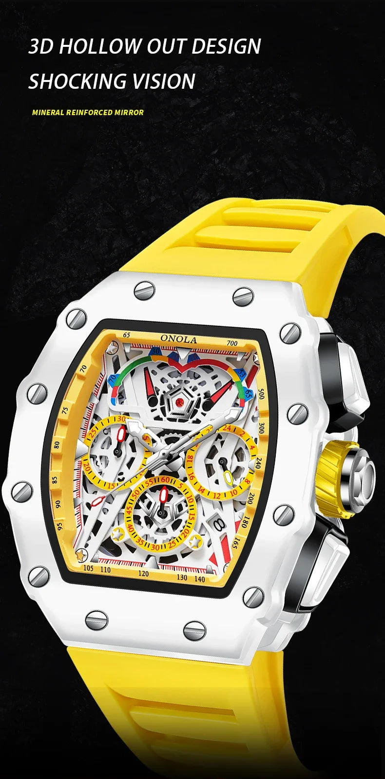 ONOLA-Montre Tonneau Étanche pour Homme, Chronographe, Quartz, dehors, Bracelet Silicone, Montre-Bracelet Blanche, Luxe, Nouvelle Mode, 2024