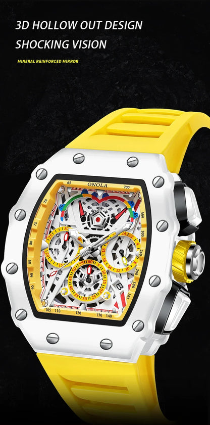 ONOLA-Montre Tonneau Étanche pour Homme, Chronographe, Quartz, dehors, Bracelet Silicone, Montre-Bracelet Blanche, Luxe, Nouvelle Mode, 2024