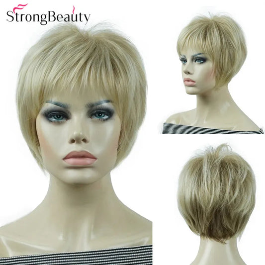 StrongBeauty-Perruques Synthétiques Courtes Droites, Cheveux Doux, Layered Shag, Ombre Blonde