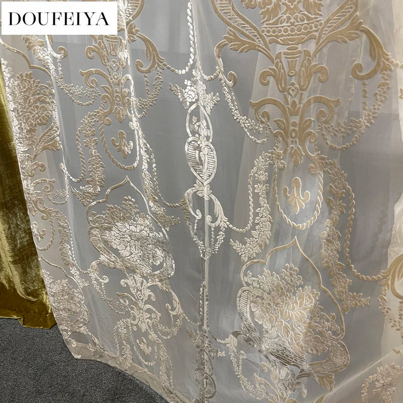 Rideaux occultants de luxe en feuille de velours de soie, estampage doré, pour salon, chambre à coucher, salle à manger, Nature, taille verticale personnalisée, Tulle blanc