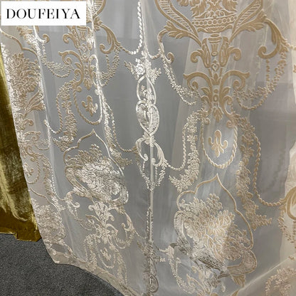 Rideaux occultants de luxe en feuille de velours de soie, estampage doré, pour salon, chambre à coucher, salle à manger, Nature, taille verticale personnalisée, Tulle blanc