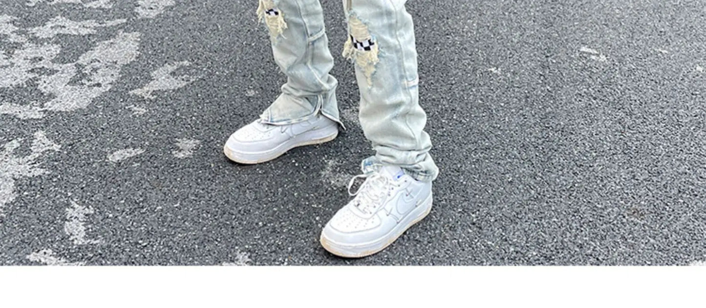 Jean à jambes larges pour homme et femme, streetwear, décontracté, déchiré, troué