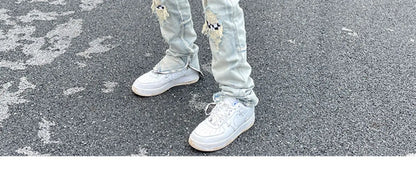 Jean à jambes larges pour homme et femme, streetwear, décontracté, déchiré, troué