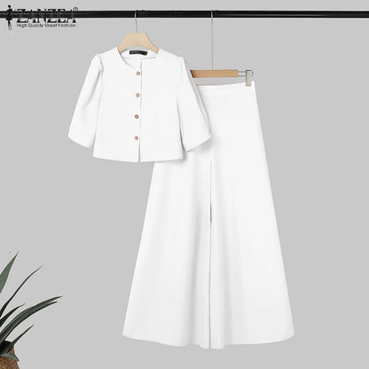 BS -  rue mode femme 2 pièces ensembles élégant manches courtes bouffantes haut court pantalon à jambes larges 2 pièces tenue élégant bureau pantalon ensembles