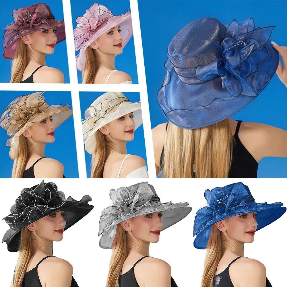 Chapeau Derby à fleurs de couleur unie pour femmes, en Organza à large bord, à volants, chapeau de soleil pliable, Protection UV, pour fête de thé, mariage