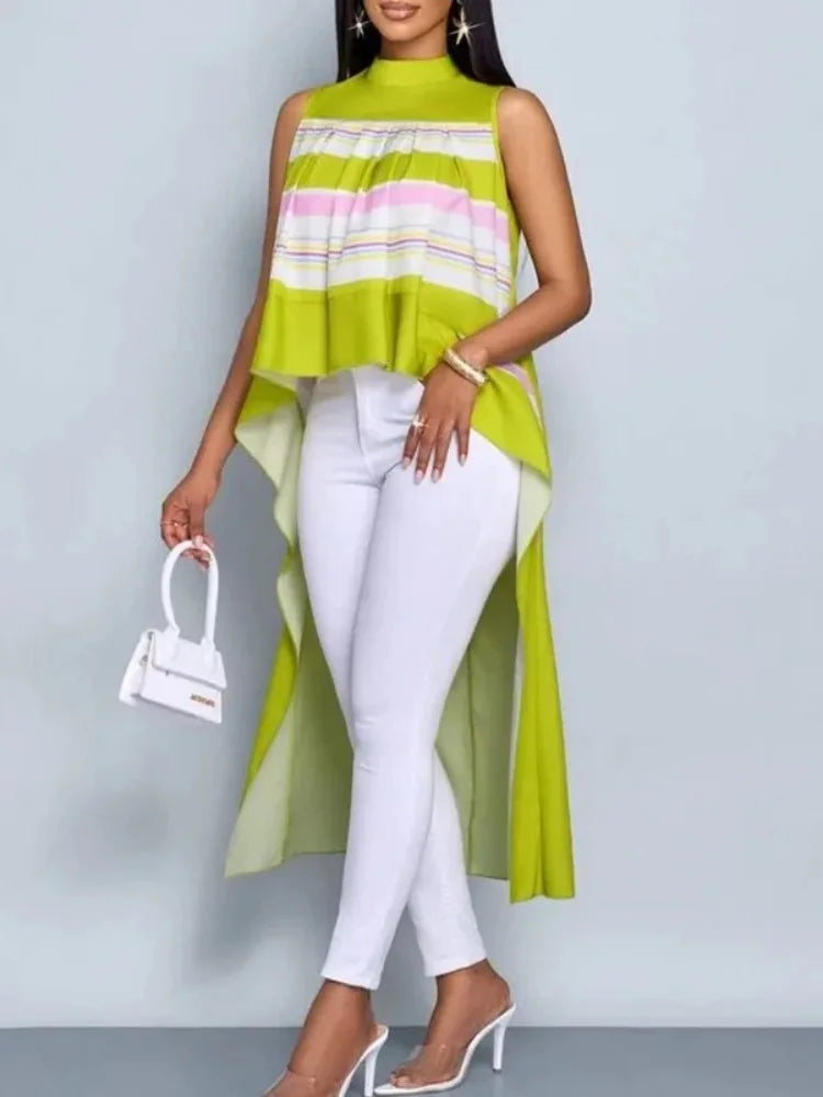 Bonboho 2025 T-shirt élégant pour femmes couleur contrastée col montant gilet sans manches hauts haut-bas coupe ample plissé chemises Extra-longues