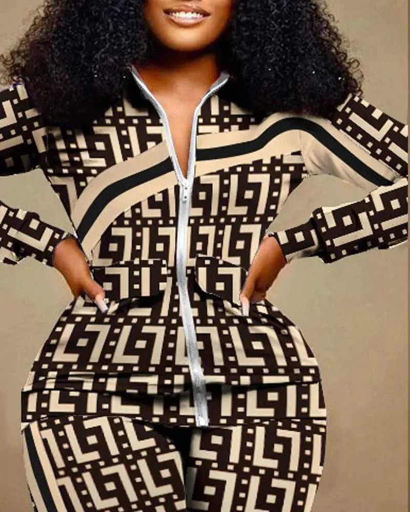 Ensemble de pantalons longs droits pour femmes, fermeture éclair imprimée, col montant, gaine, manches longues, décontracté, automne, hiver, 2024