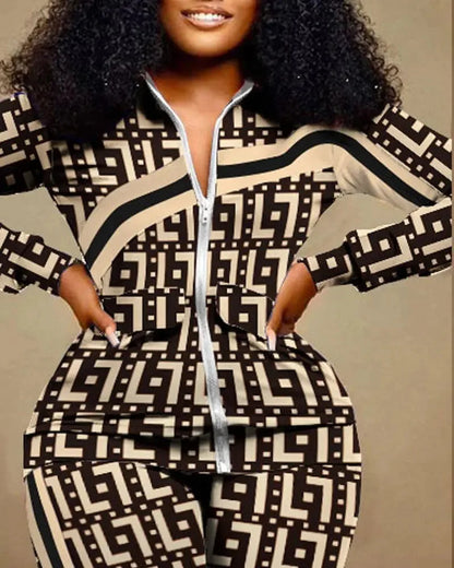 Ensemble de pantalons longs droits pour femmes, fermeture éclair imprimée, col montant, gaine, manches longues, décontracté, automne, hiver, 2024