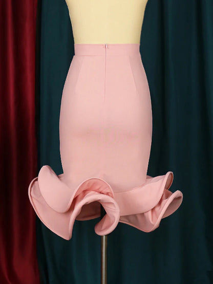 Jupe sirène pour femmes, taille haute, rose, trompette évasée, gaine queue de poisson, volants élégants, fête, événement, classe élastique