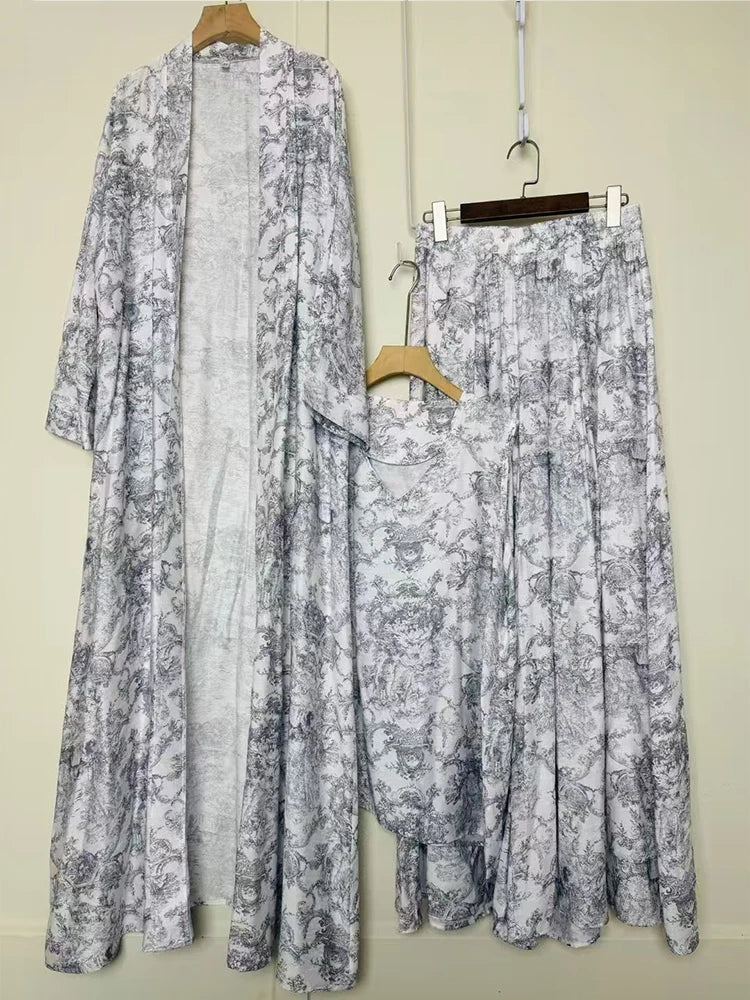 Cardigan long imprimé géométrique rétro, ensemble trois pièces, pull ample + jupe à jambes larges, costume à la mode pour femmes, été 2025