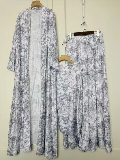 Cardigan long imprimé géométrique rétro, ensemble trois pièces, pull ample + jupe à jambes larges, costume à la mode pour femmes, été 2025