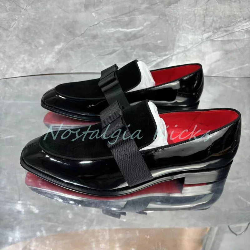 Mocassins à enfiler en cuir verni noir brillant pour hommes, chaussures habillées décontractées avec nœud décoré, chaussures de mariage élégantes pour hommes
