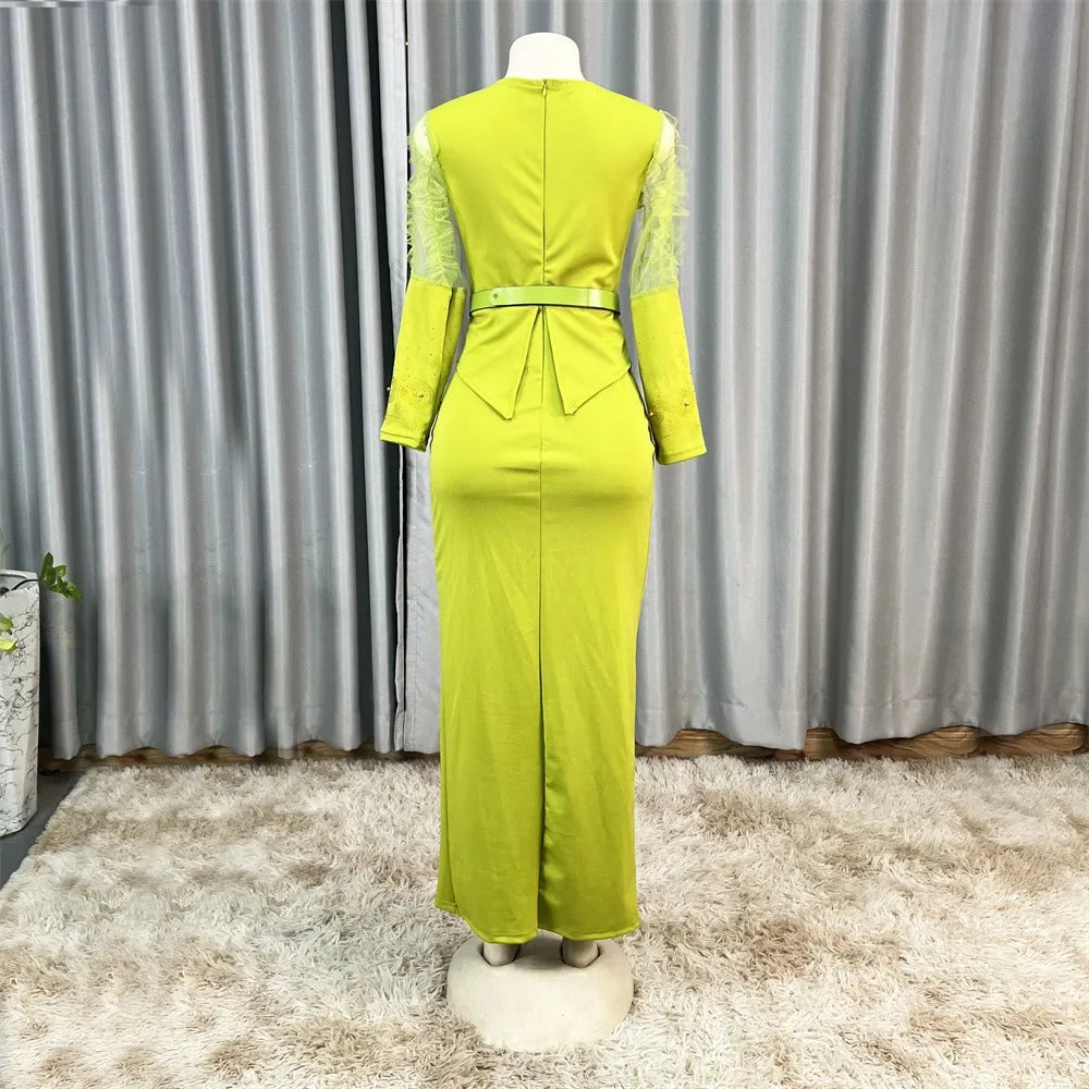 Robe longue africaine à col en v, ornée de strass, manches en maille à bulles, ajustée à la taille, fente latérale, offre spéciale